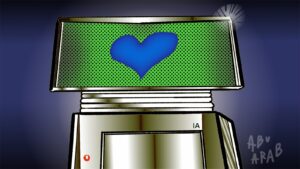 Ilustración que contrapone la inteligencia artificial y la escucha humana en salud mental.