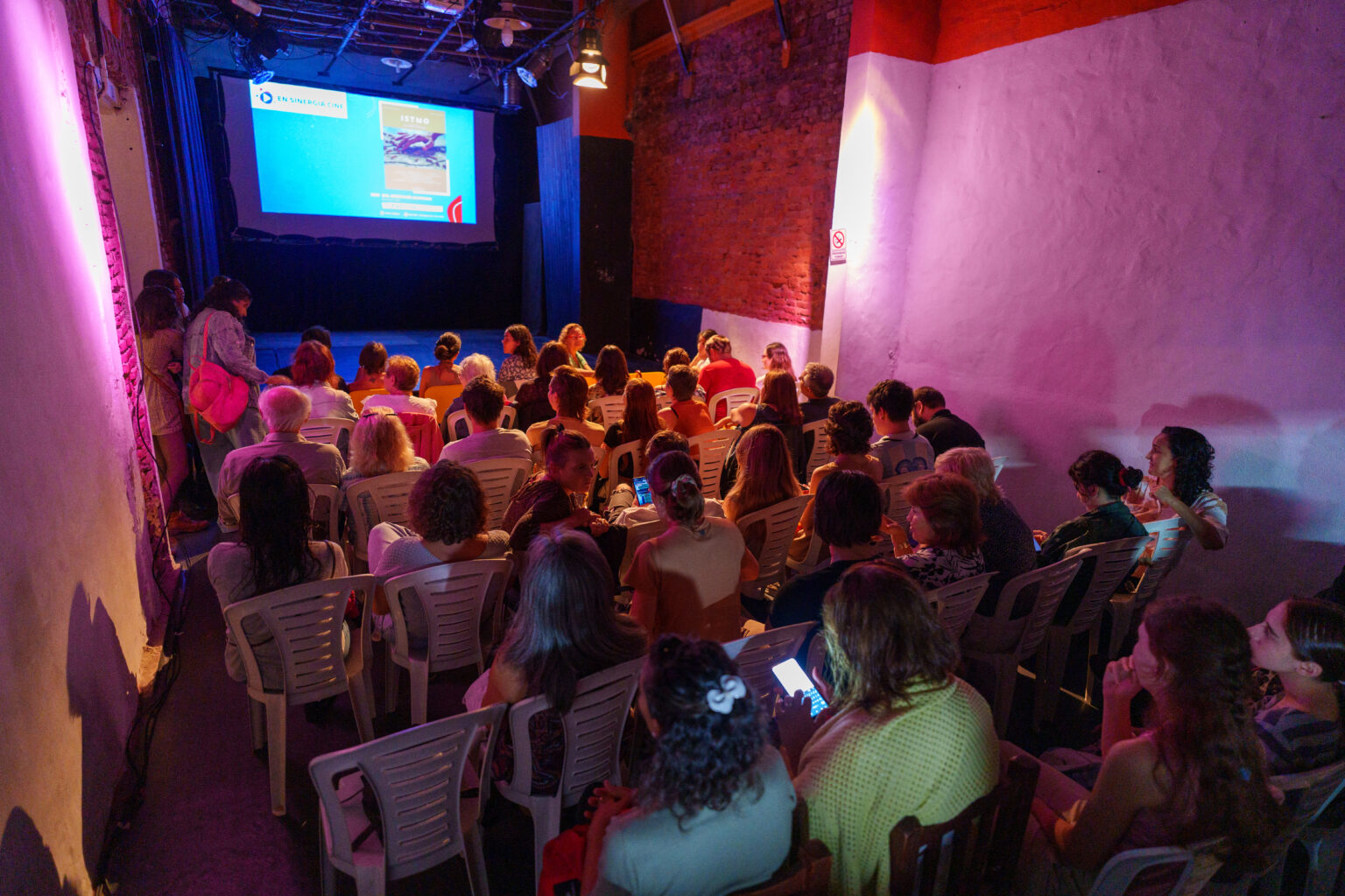 Proyección de cine documental en el festival Cine en Sinergia con público presente.