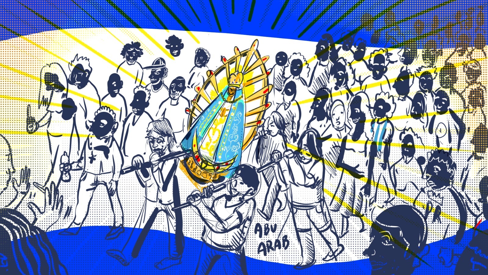 Imagen de la Virgen de Luján y peregrinos caminando hacia la basílica en la marcha juvenil