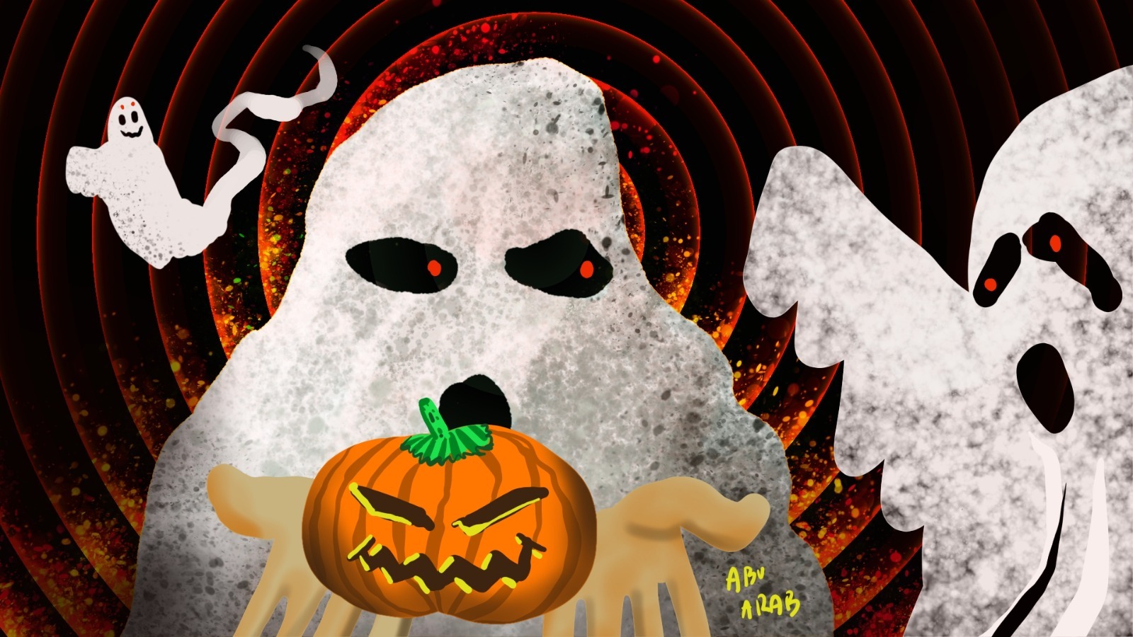 Ilustración infantil de fantasmas y lecturas sobre Halloween
